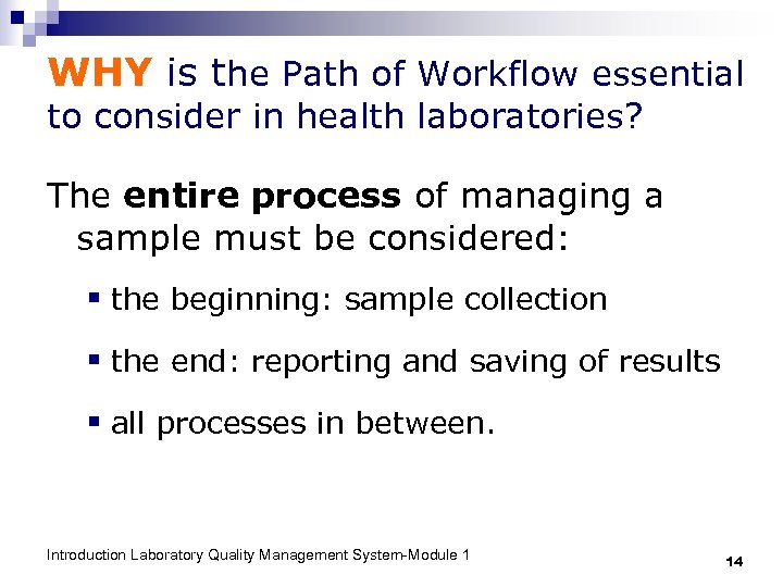 WHY is the Path of Workflow essential to consider in health laboratories? The entire
