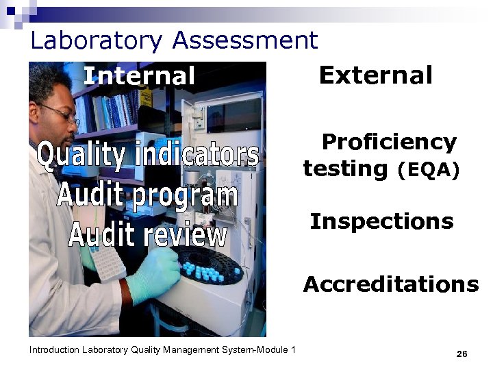 Laboratory Assessment External Internal Proficiency testing (EQA) Inspections Accreditations Introduction Laboratory Quality Management System-Module