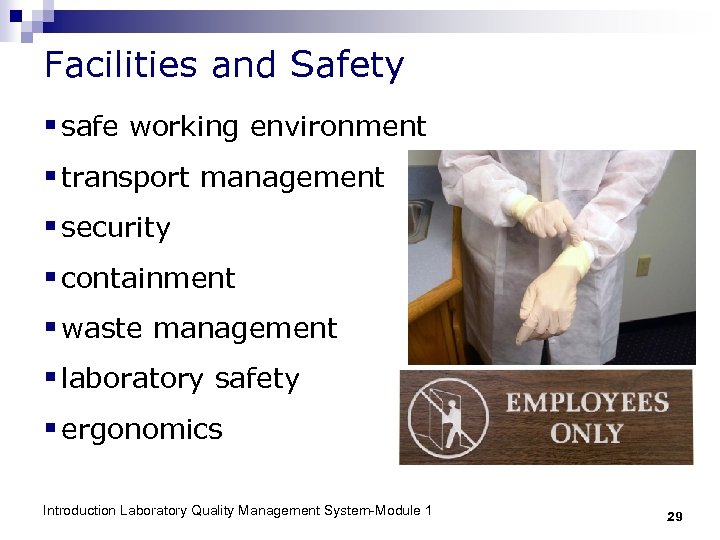 Facilities and Safety § safe working environment § transport management § security § containment