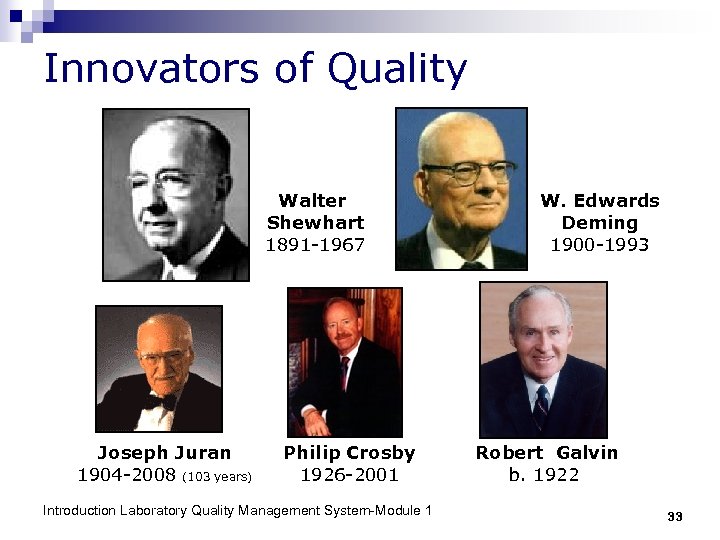 Innovators of Quality Walter Shewhart 1891 -1967 Joseph Juran 1904 -2008 (103 years) Philip