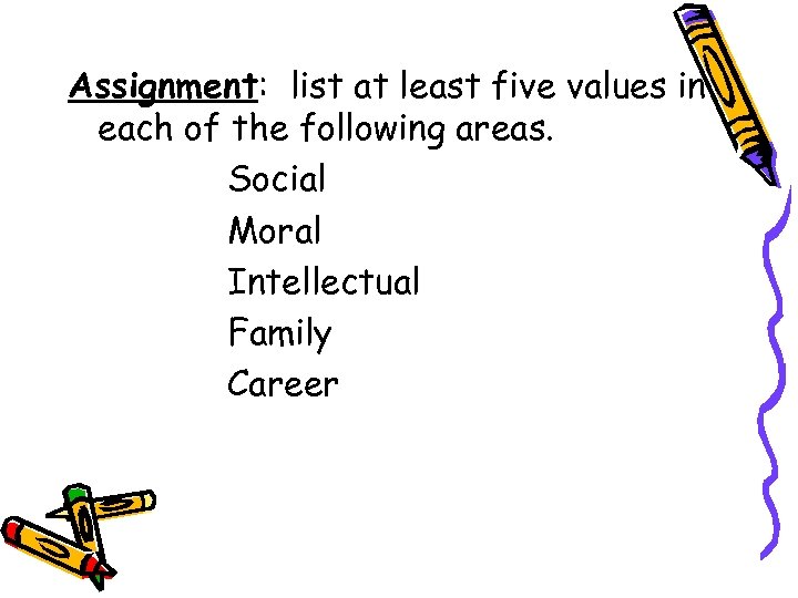 Assignment: list at least five values in each of the following areas. Social Moral