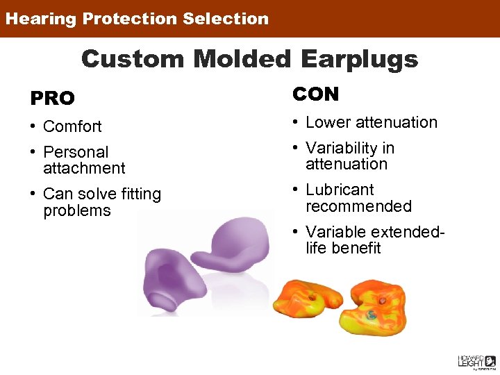 Hearing Protection Selection Fitting Tips Custom Molded Earplugs PRO CON • Comfort • Lower