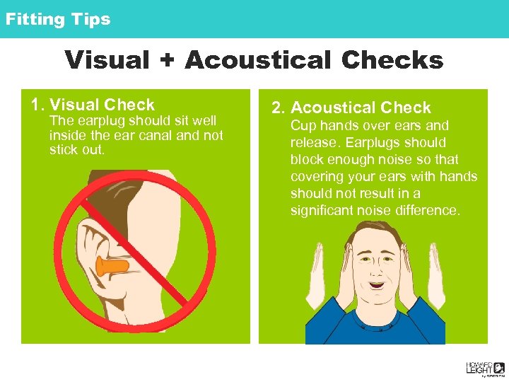Fitting Tips Visual + Acoustical Checks 1. Visual Check The earplug should sit well