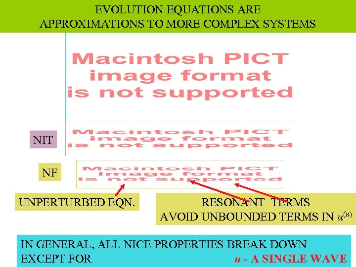 EVOLUTION EQUATIONS ARE APPROXIMATIONS TO MORE COMPLEX SYSTEMS NIT NF UNPERTURBED EQN. RESONANT TERMS