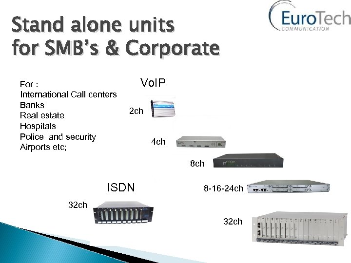 Stand alone units for SMB’s & Corporate For : International Call centers Banks Real