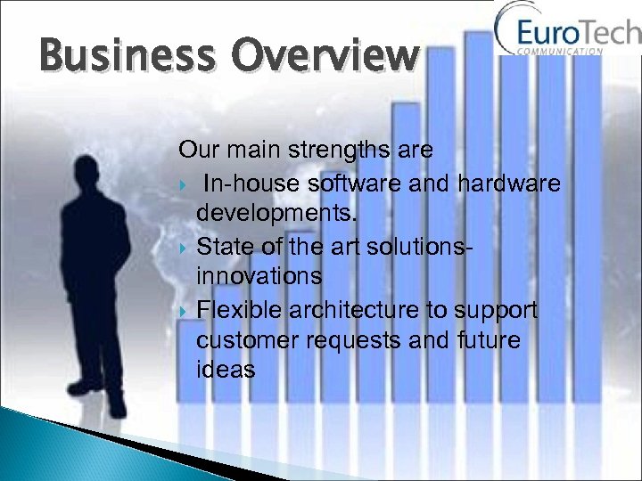 Business Overview Our main strengths are In-house software and hardware developments. State of the