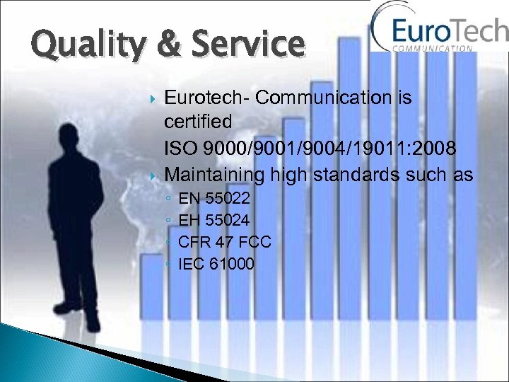 Quality & Service Eurotech- Communication is certified ISO 9000/9001/9004/19011: 2008 Maintaining high standards such