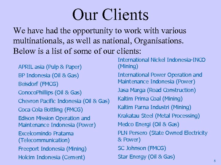 Our Clients We have had the opportunity to work with various multinationals, as well