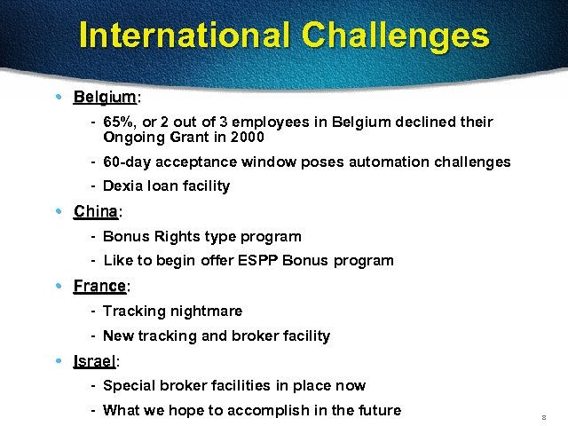 International Challenges • Belgium: - 65%, or 2 out of 3 employees in Belgium