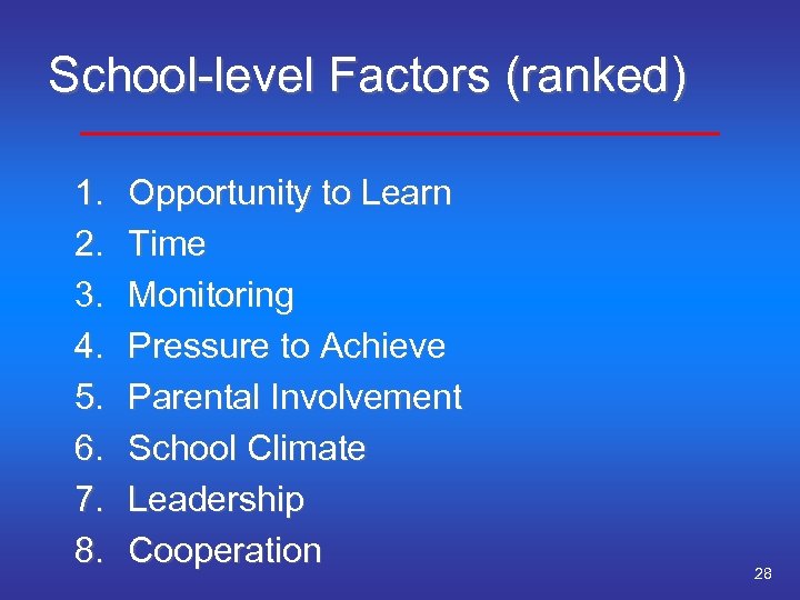 School-level Factors (ranked) 1. 2. 3. 4. 5. 6. 7. 8. Opportunity to Learn