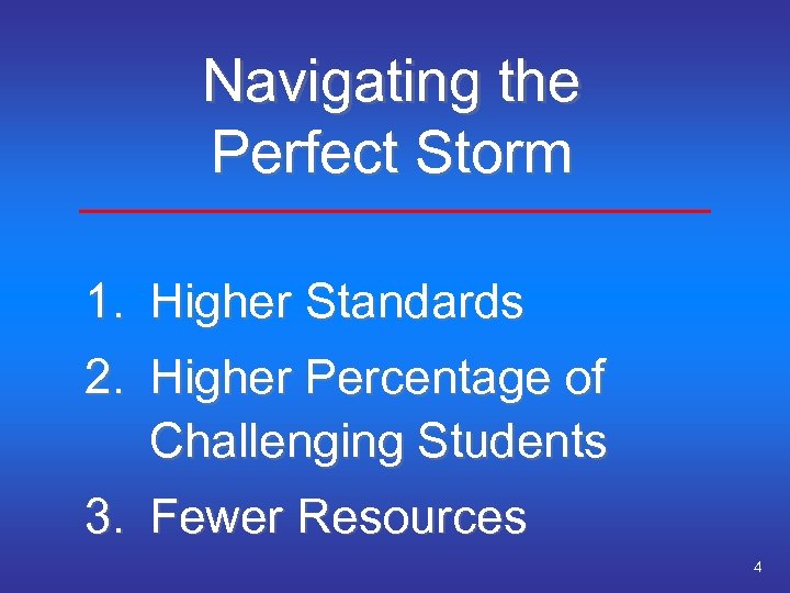 Navigating the Perfect Storm 1. Higher Standards 2. Higher Percentage of Challenging Students 3.