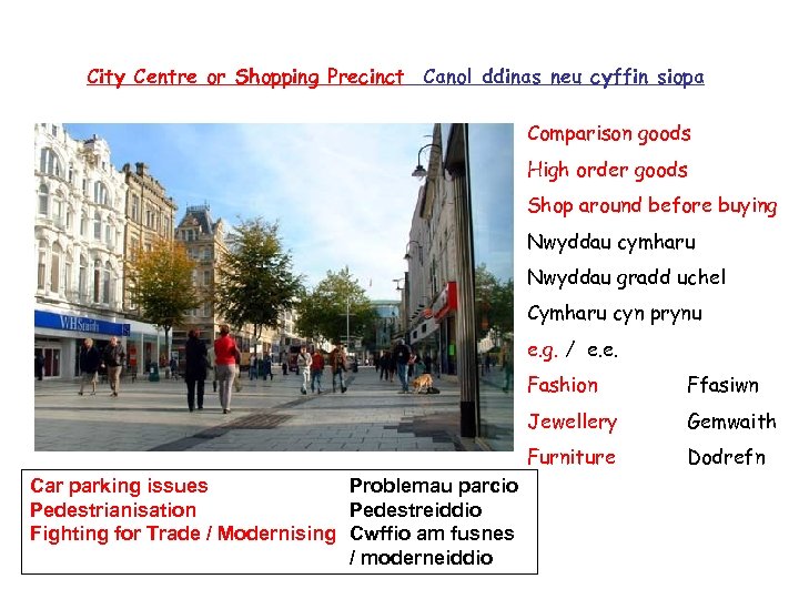 City Centre or Shopping Precinct Canol ddinas neu cyffin siopa Comparison goods High order