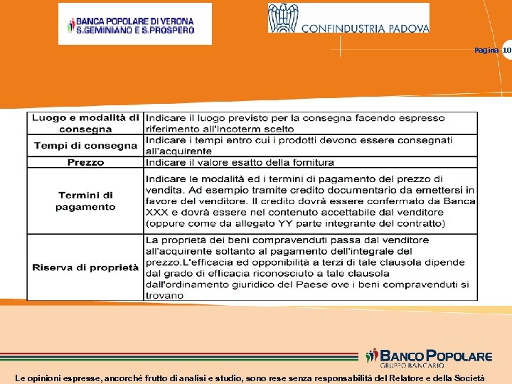 Pagina 10 Le opinioni espresse, ancorché frutto di analisi e studio, sono rese senza