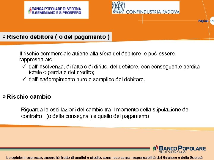 Pagina 14 ØRischio debitore ( o del pagamento ) Il rischio commerciale attiene alla