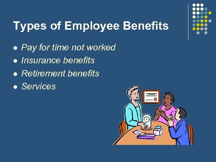 Types of Employee Benefits l l Pay for time not worked Insurance benefits Retirement