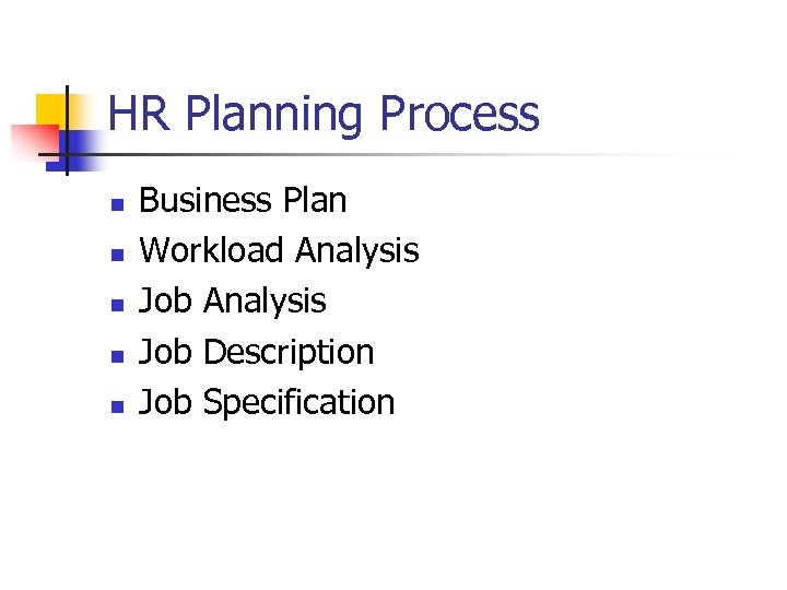 HR Planning Process n n n Business Plan Workload Analysis Job Description Job Specification