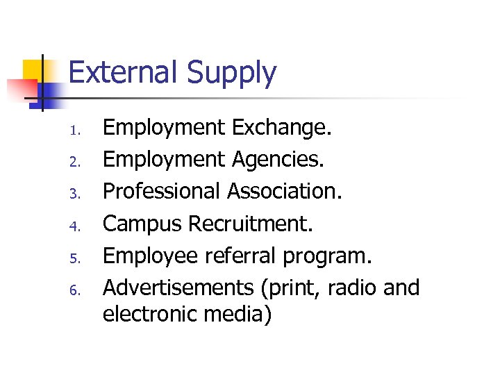 External Supply 1. 2. 3. 4. 5. 6. Employment Exchange. Employment Agencies. Professional Association.