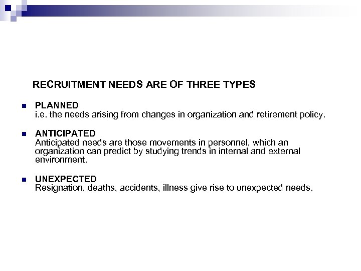  RECRUITMENT NEEDS ARE OF THREE TYPES n PLANNED i. e. the needs arising