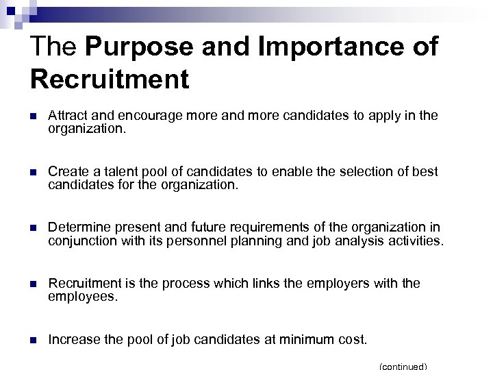 The Purpose and Importance of Recruitment n Attract and encourage more and more candidates