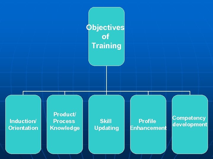Objectives of Training Induction/ Orientation Product/ Process Knowledge Skill Updating Profile Enhancement Competency development
