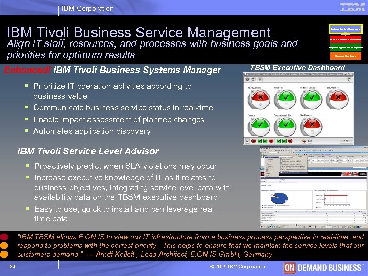 IBM Corporation IBM Tivoli Business Service Management Align IT staff, resources, and processes with