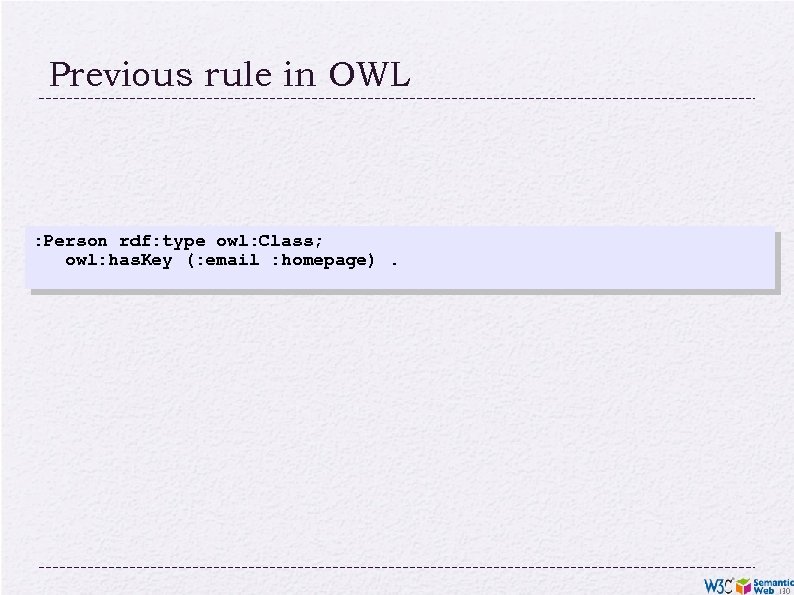 Previous rule in OWL : Person rdf: type owl: Class; owl: has. Key (: