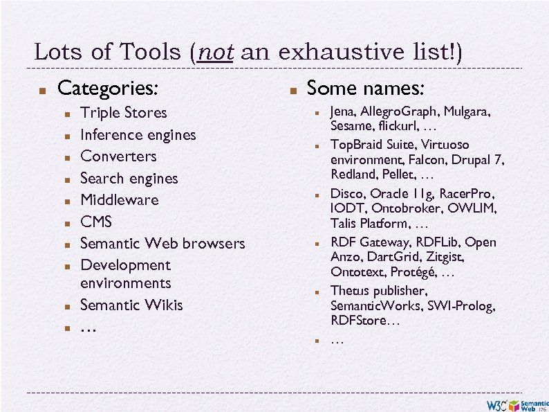 Lots of Tools (not an exhaustive list!) Categories: Triple Stores Inference engines Converters Search