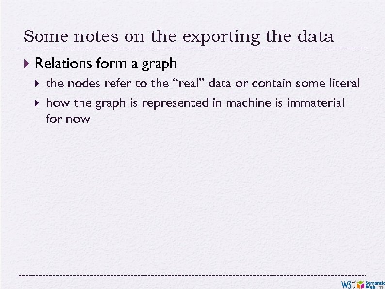 Some notes on the exporting the data Relations form a graph the nodes refer