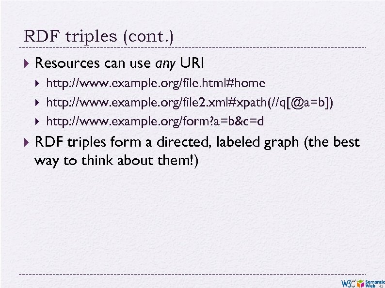 RDF triples (cont. ) Resources can use any URI http: //www. example. org/file. html#home