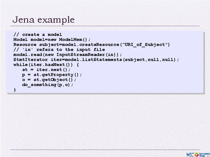Jena example // create a model Model model=new Model. Mem(); Resource subject=model. create. Resource("URI_of_Subject")