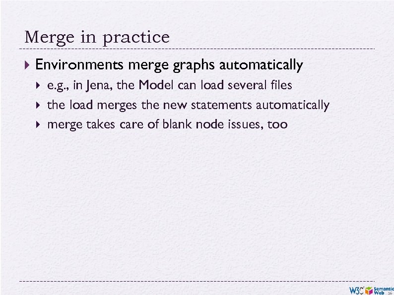 Merge in practice Environments merge graphs automatically e. g. , in Jena, the Model