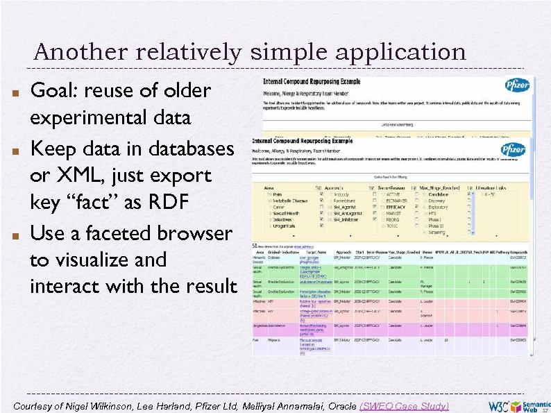 Another relatively simple application Goal: reuse of older experimental data Keep data in databases