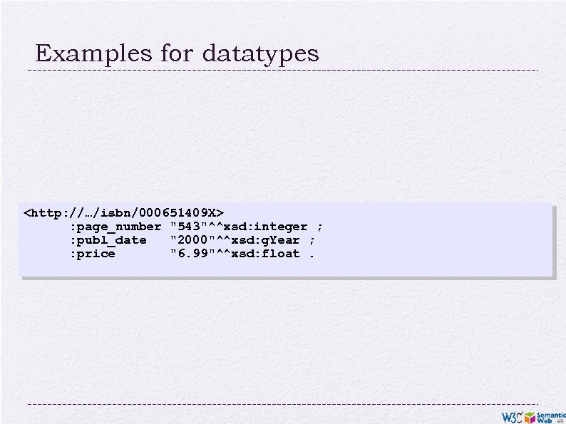 Examples for datatypes <http: //…/isbn/000651409 X> : page_number "543"^^xsd: integer ; : publ_date "2000"^^xsd: