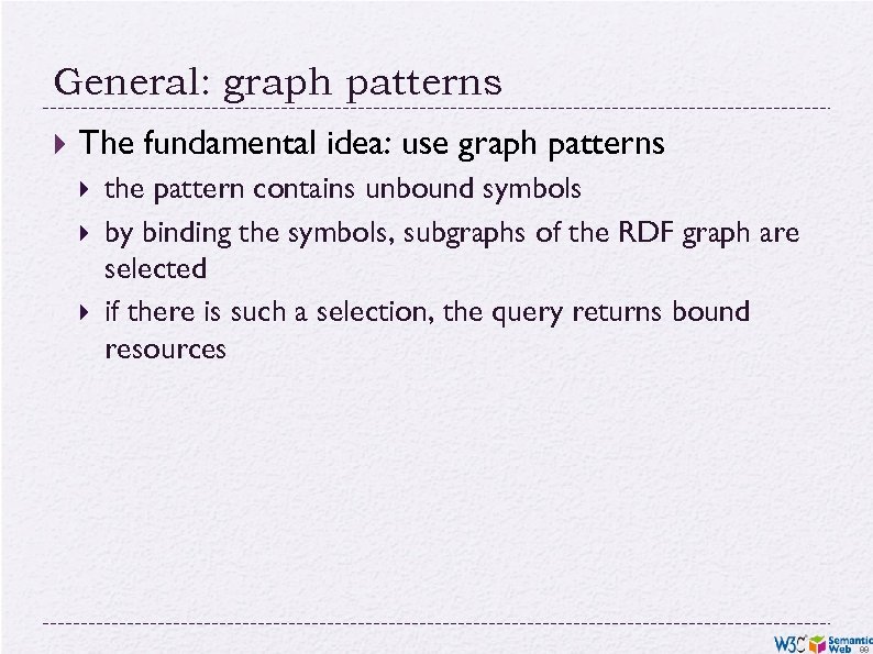 General: graph patterns The fundamental idea: use graph patterns the pattern contains unbound symbols
