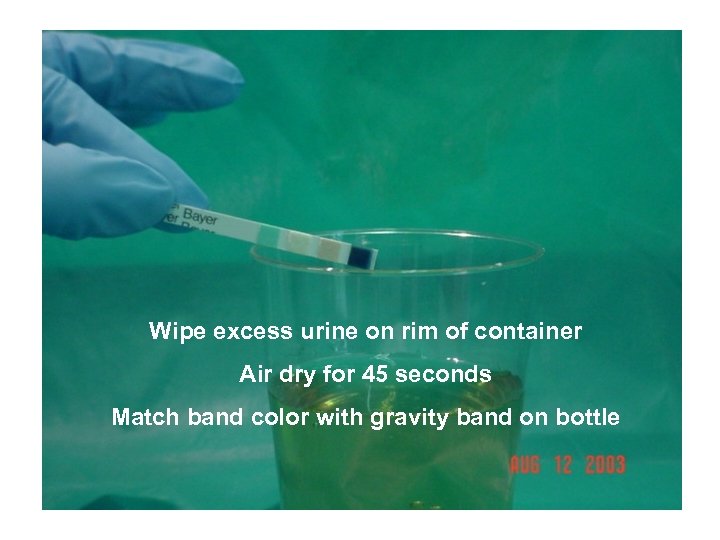 Wipe excess urine on rim of container Wipe excess urine 45 rim of container