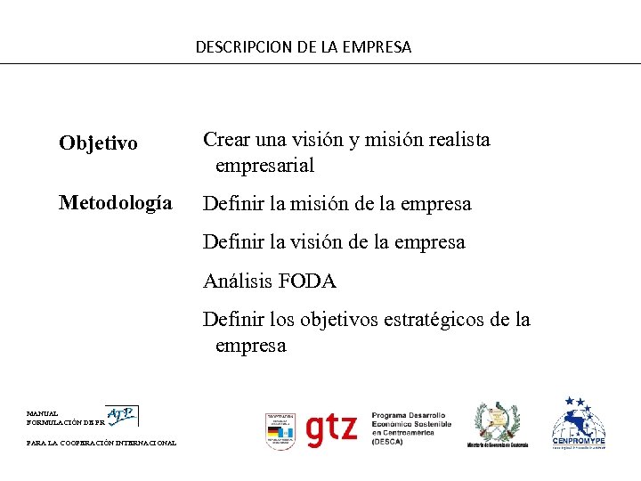 DESCRIPCION DE LA EMPRESA Objetivo Crear una visión y misión realista empresarial Metodología Definir