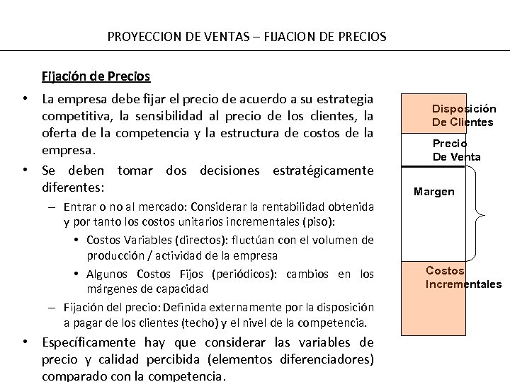  PROYECCION DE VENTAS – FIJACION DE PRECIOS Fijación de Precios • La empresa