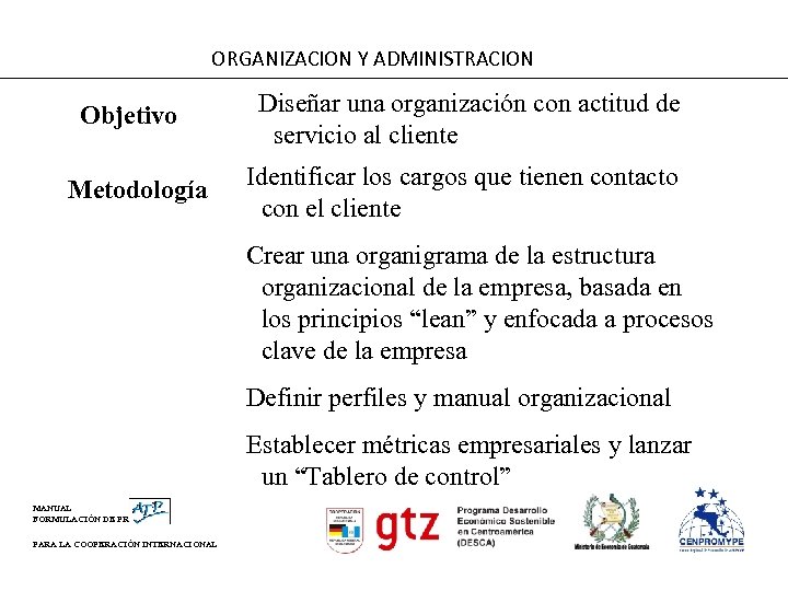 ORGANIZACION Y ADMINISTRACION Objetivo Metodología Diseñar una organización con actitud de servicio al cliente