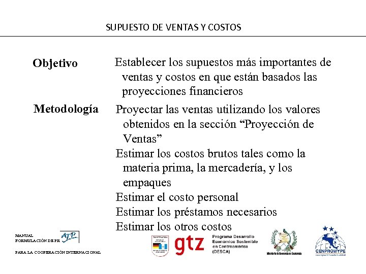 SUPUESTO DE VENTAS Y COSTOS Objetivo Metodología MANUAL FORMULACIÓN DE PROYECTOS PARA LA COOPERACIÓN