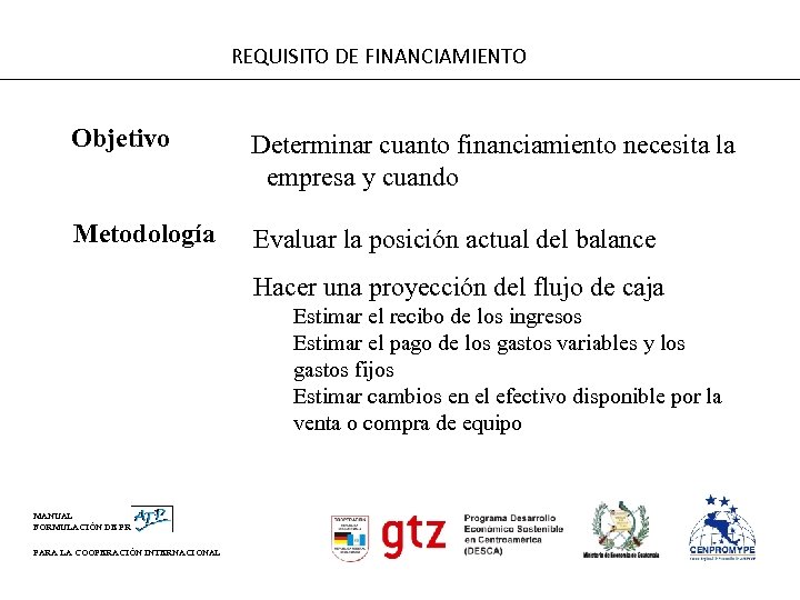 REQUISITO DE FINANCIAMIENTO Objetivo Determinar cuanto financiamiento necesita la empresa y cuando Metodología Evaluar