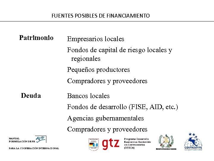 FUENTES POSIBLES DE FINANCIAMIENTO Patrimonio Empresarios locales Fondos de capital de riesgo locales y