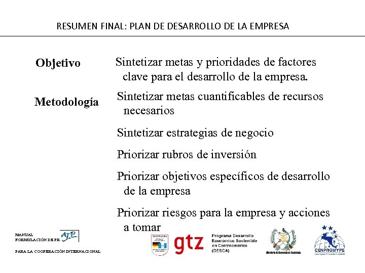 RESUMEN FINAL: PLAN DE DESARROLLO DE LA EMPRESA Objetivo Sintetizar metas y prioridades de