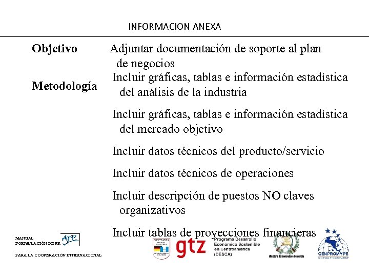 INFORMACION ANEXA Objetivo Adjuntar documentación de soporte al plan de negocios Incluir gráficas, tablas