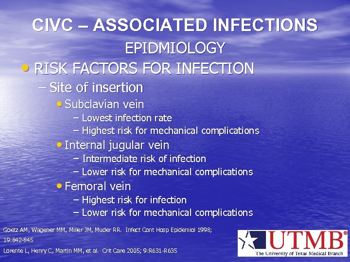 CIVC – ASSOCIATED INFECTIONS EPIDMIOLOGY • RISK FACTORS FOR INFECTION – Site of insertion