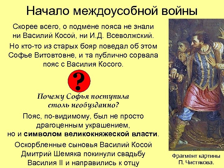 Начало междоусобной войны Скорее всего, о подмене пояса не знали ни Василий Косой, ни