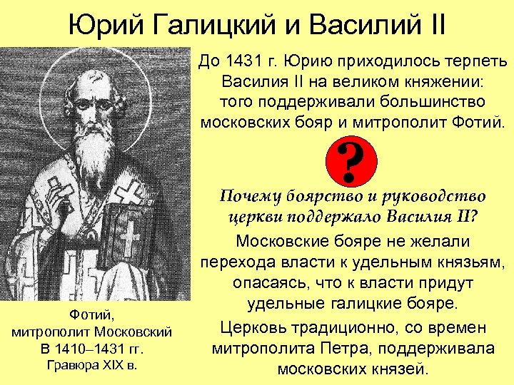Юрий Галицкий и Василий II До 1431 г. Юрию приходилось терпеть Василия II на