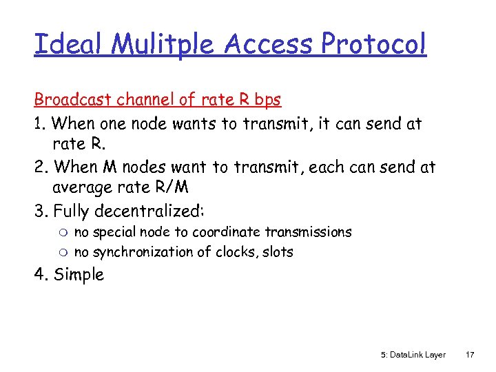 Ideal Mulitple Access Protocol Broadcast channel of rate R bps 1. When one node