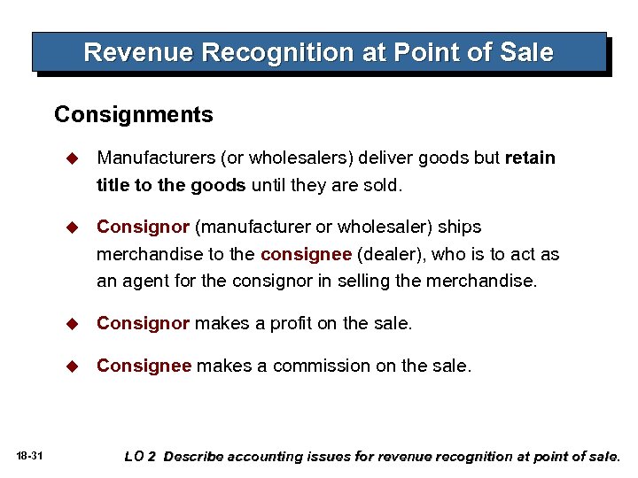 Revenue Recognition at Point of Sale Consignments u u Consignor (manufacturer or wholesaler) ships