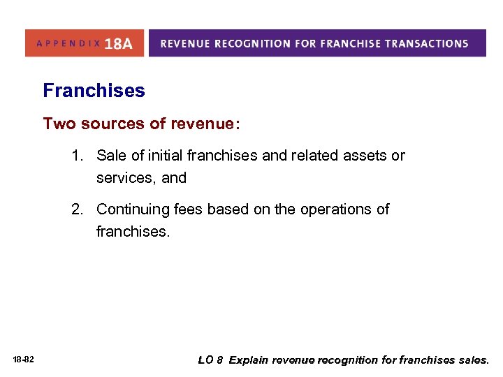 Franchises Two sources of revenue: 1. Sale of initial franchises and related assets or