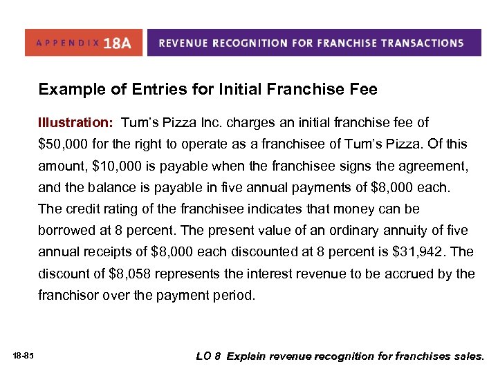 Example of Entries for Initial Franchise Fee Illustration: Tum’s Pizza Inc. charges an initial